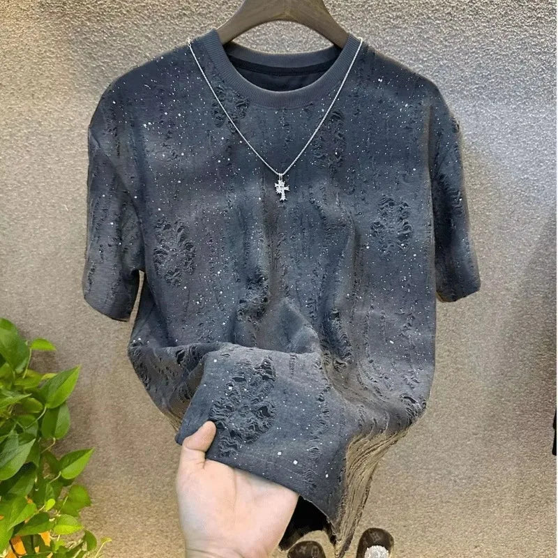 Summer Tear Men Clothing Summer Rhinestone Rivet T-shirt Round Neck Casual T-shirt Korean Version Men's Short Sleeves Tee